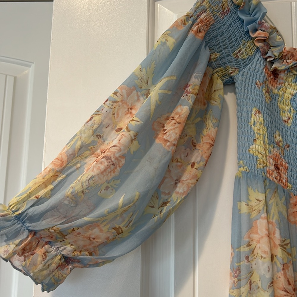 Aakaa Blue And Pink Floral Ruffle Off The Shoulder Long Sleeved Dress - Picture 4 of 11
